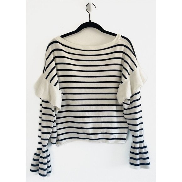 Zara Ruffle Sweater Sz Small Blue White Stripe Long Sleeve Knit Pullover Stretch - Picture 5 of 11
